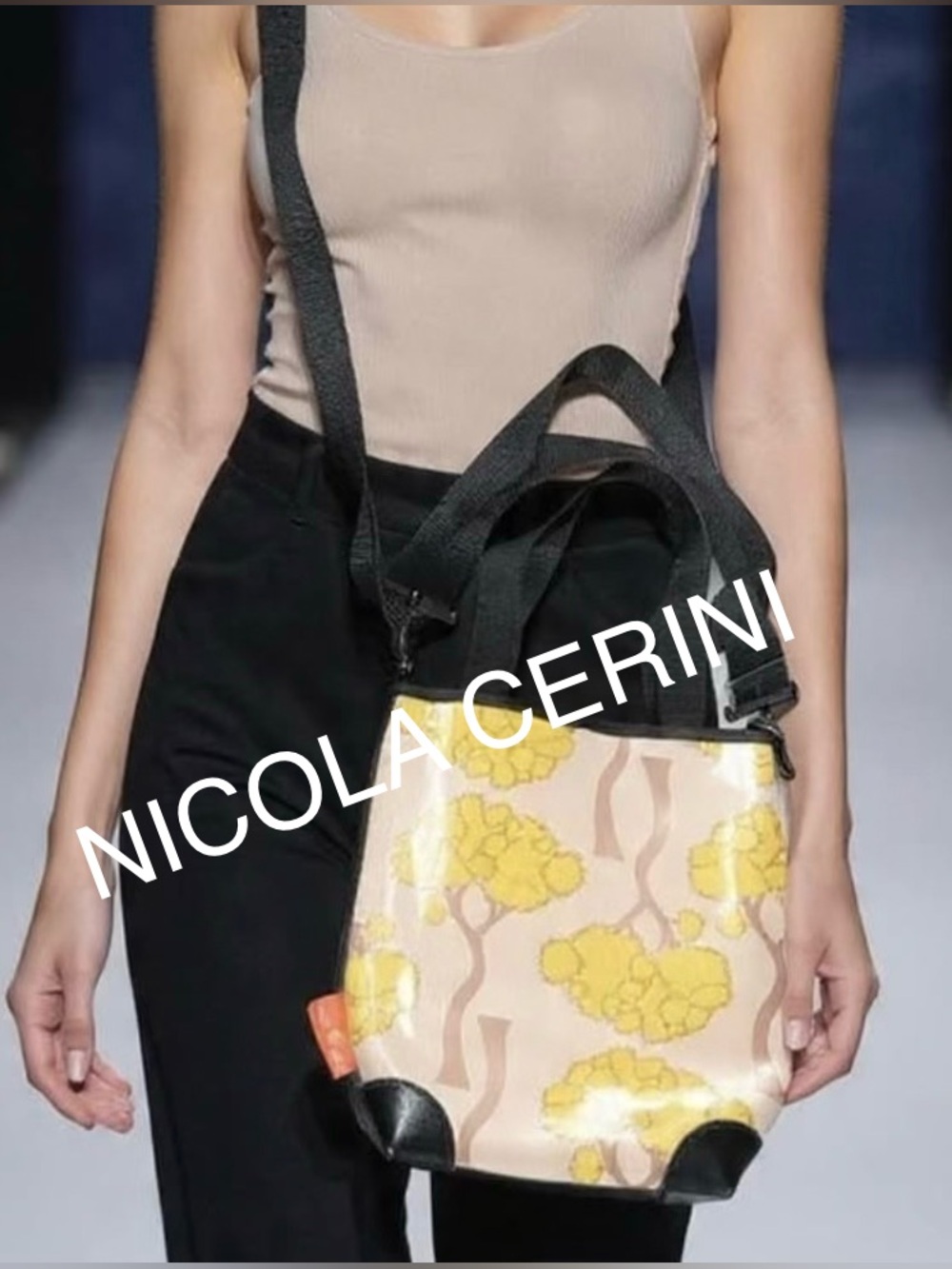 Designer Brand NICOLA CERINI AUSTRALIA Floral Yellow and Black Trim Tote Bag